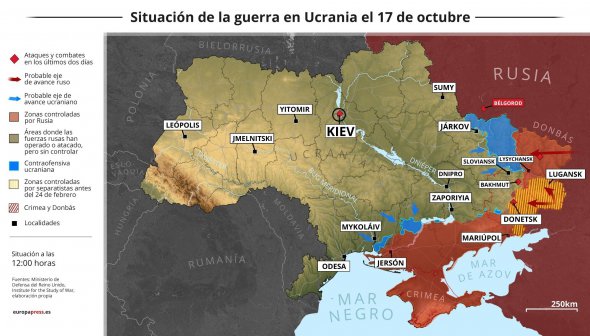 Карта, иллюстрирующая ситуацию в Украине по состоянию на 17 октября 
