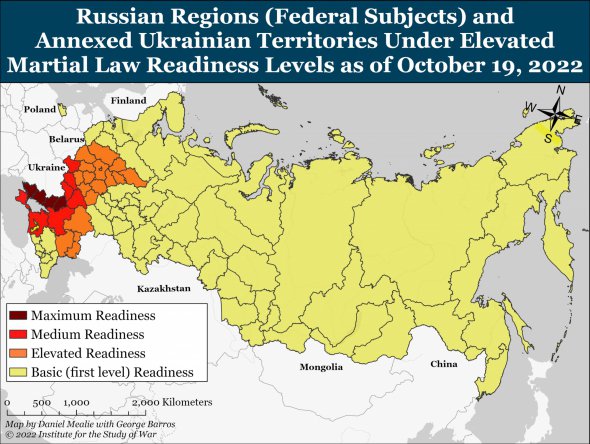 Карта Росії та захоплених територій України по рівнях "готовності", яку оголосив Путін