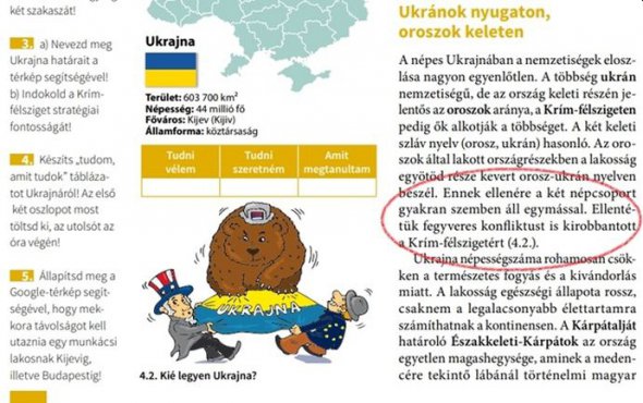 В угорському онлайн-підручнику з географії для 8 класу трактують російську агресію проти України як громадянський конфлікт, який роздмухують Росія, Євросоюз і Сполучені Штати