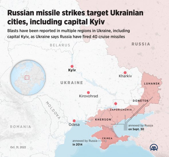 Карта цілей російських ракет у понеділок, 31 жовтня 