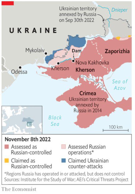 Оккупированные и освобожденные территории на юге Украины по состоянию на 8 ноября 