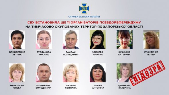 11 особам, які брали участь в організації фейкового референдуму на окупованій території Запорізької області, повідомили про підозру