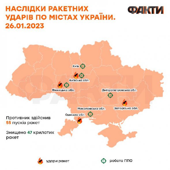 Последствия ракетных ударов по городам Украины 26 января