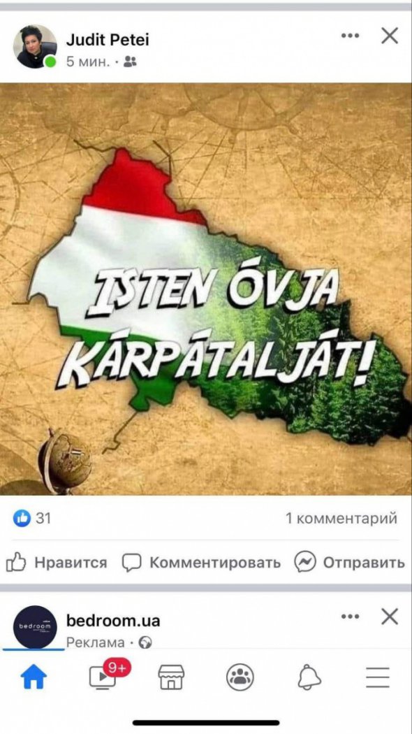 Депутатка Закарпатської обласної ради від проорбанівської партії КМКС Юдіта Петеї у Facebook розмістила фото карти Закарпатської області, половина якої пофарбована в кольори угорського прапора