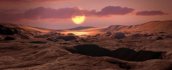 Ілюстрація поверхні скелястої екзопланети, що обертається навколо придатної для життя зони червоної карликової зірки