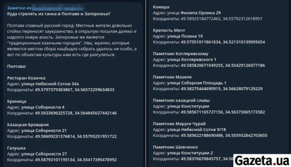Пророссийские телеграмм-каналы распространили сообщения с названиями заведений Полтавы