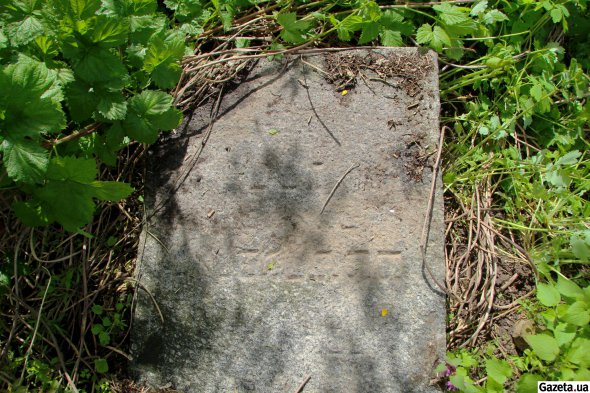 Большая гранитная плита с отчеканенными буквами лежит вне кладбища в кустарнике
