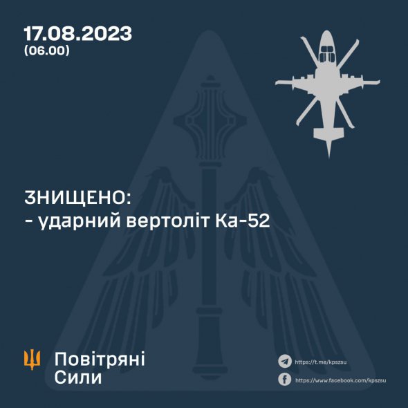 ВСУ утром сбили еще один российский вертолет Ка-52 на Бахмутском направлении