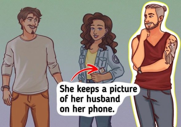 На картинці зображено дівчинку та двох чоловіків. Потрібно визначити, хто з них закохана пара