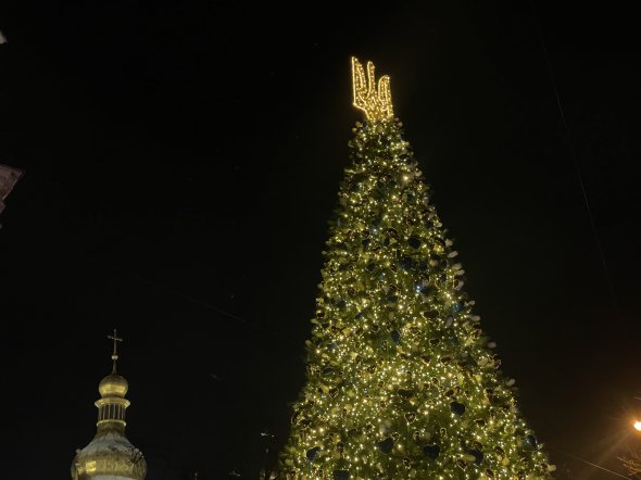 Верхівку ялинки прикрасили гербом. Поруч із деревом є фотозона у вигляді серця, яка теж присвячена українським бійцям