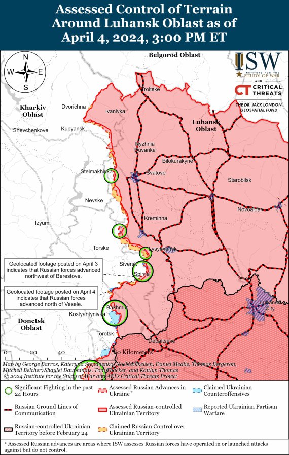 Карти боїв за 4 квітня показав Інститут вивчення війни