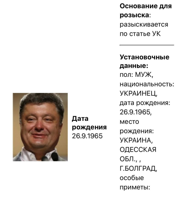 МВС Росії оголосило у розшук п'ятого президента України Петра Порошенка