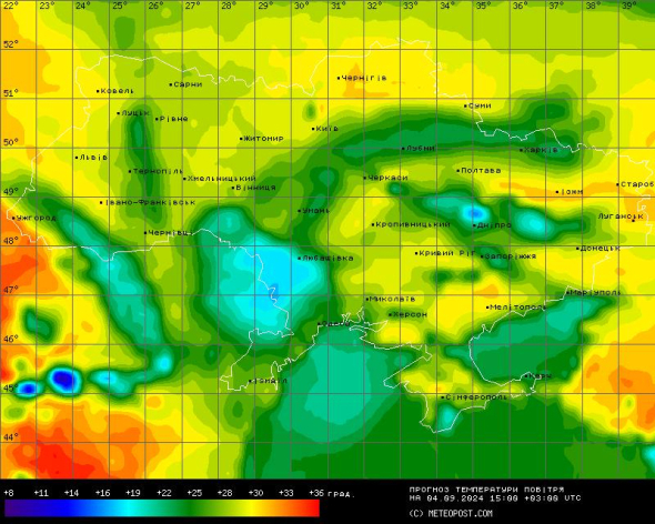 Перша карта - прогноз температури повітря на 4 вересня
