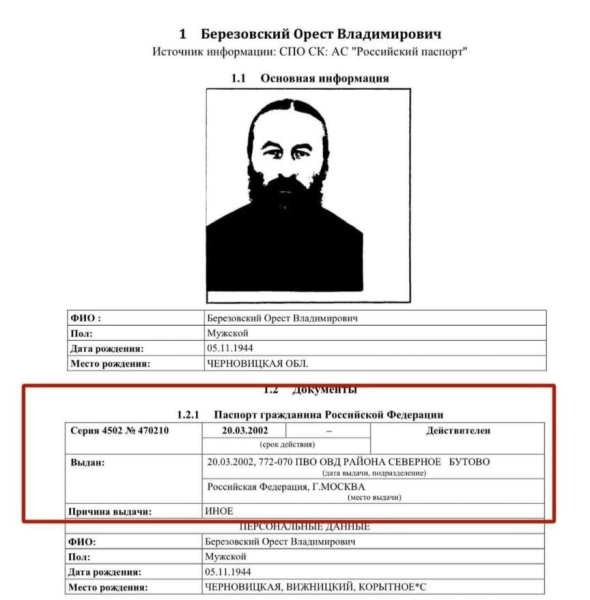 Російський паспорт митрополита Онуфрія