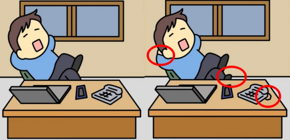 Знайди відмінності: лише найуважніші можуть знайти три відмінності на зображеннях хлопця, який відпочиває в офісі, за 19 секунд