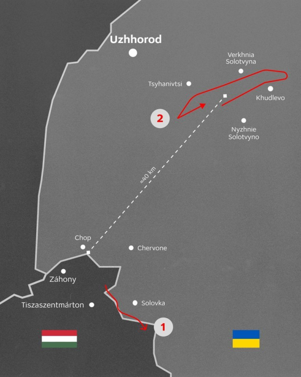 Маршрут угорського дрона, який залітав на Закарпаття