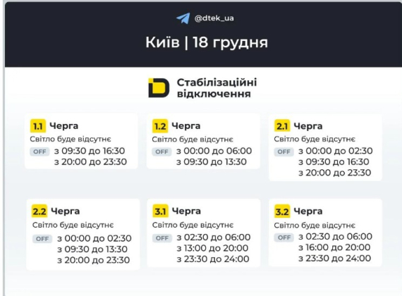 В Україні оголосили графіки відключень на 18 грудня 