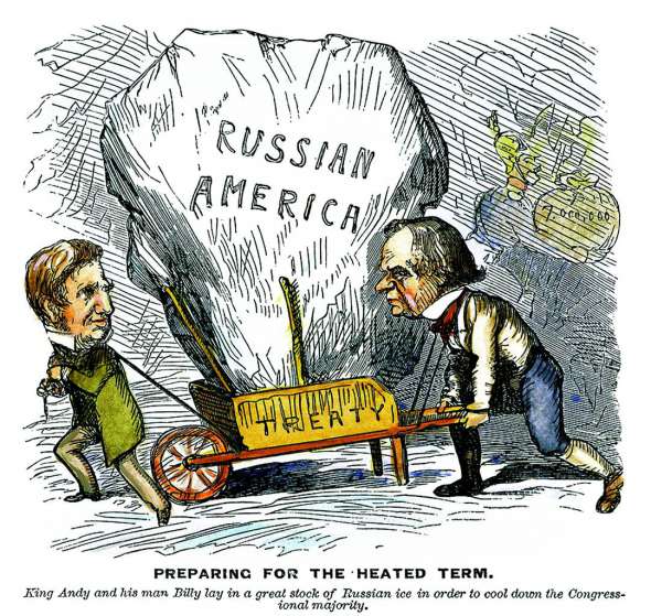 Карикатура на придбання Аляски США 1867 року. Президент Ендрю Джонсон і державний секретар Вільям Сьюард тягнуть велику брилу льоду з написом ”Російська Америка”