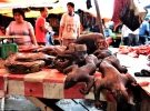 Жареных черных хохлатых макак продают вместе с нарезанными питонами, летучими мышами и собакам на рынке Томохон