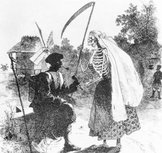 Офорт Тараса Шевченко "Сказка", 1844 год. В основу сюжета положен распространенный в народном творчестве сюжет о разговоре солдата со смертью. Диалог происходит на окраине села на фоне украинского пейзажа. Смерть с большой косой в правой руке, одетая как украинская женщина, не выглядит страшной и неумолимой. Возможно, она только понюхает табака, оставит "москалика" и пойдет себе дальше