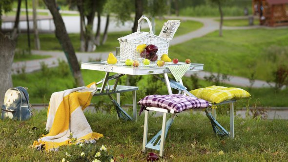 Берем пикниковые столы и стульчики, одеяла или подстилки, или коврик. Если синоптики предупреждали о возможном дожде, прихватить тент, чтобы накрыть зону отдыха.