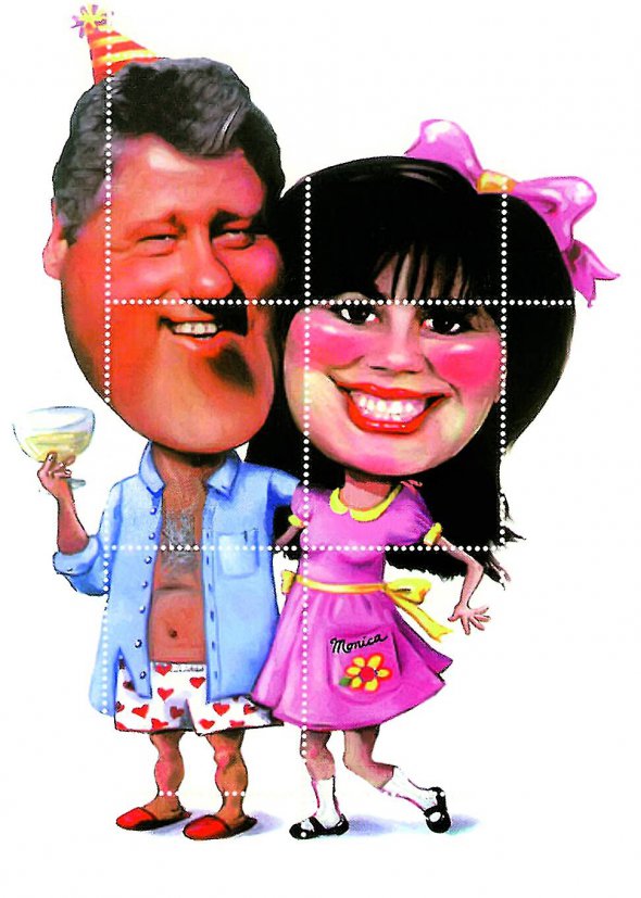Марка із зображенням 42-го президента США Білла Клінтона і практикантки Білого дому Моніки Левінскі. Через сексуальні стосунки з нею Клінтона ледве не відправили у відставку 1998 року