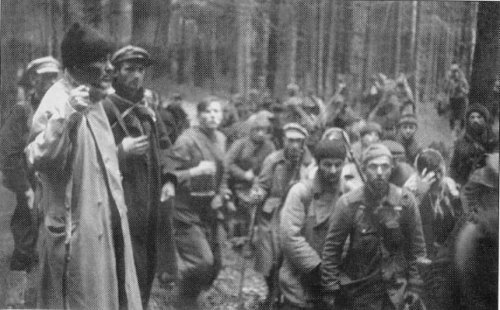 Бійці-партизани під час маршу карпатським лісом.