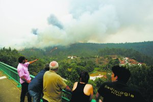 Жителі португальського селища Педроган-Гранді 18 червня спостерігають за пожежею у лісі. Хмара диму дуже низька. Через неї не можуть ефективно працювати пожежні вертольоти і літаки. Причиною займання називають блискавку. Поширення вогню посилила посуха кількох останніх тижнів