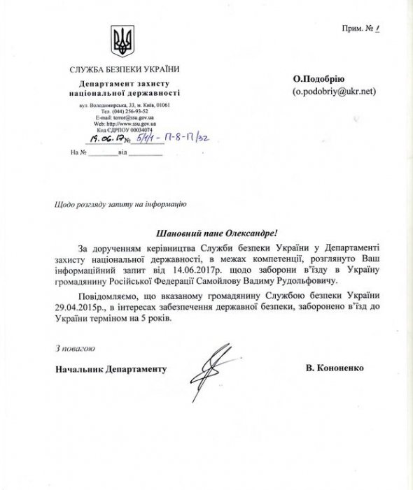 Документ СБУ про заборону в'їзду для Самойлова