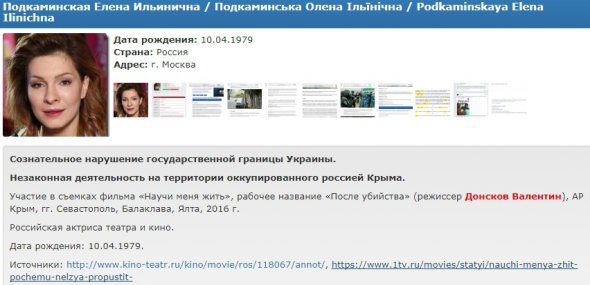  Олена Подкаминска потрапила до списку злочинців сайту "Миротворець"