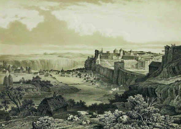Вид Старої фортеці у Кам’янці-Подільському, гравюра XVIII століття. Звідси здійснювався перший політ повітряної кулі над Поділлям