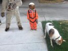 Мальчик в костюме астронавта, который выгуливает своего пса