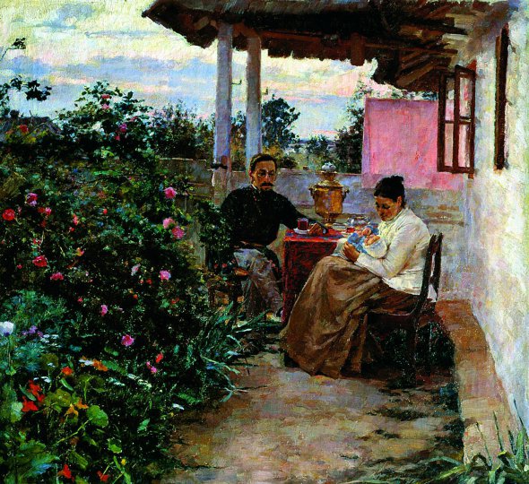 Картина Киріака Костанді "Сімейна ідилія. Первісток", 1891. Написав на дачі під Вінницею. Орендував її на час літніх канікул. Йому позували дружина Єфросинія з донькою Анною на руках. Чоловіка змалював зі свого учня Бориса Егіза, який із ним жив на дачі