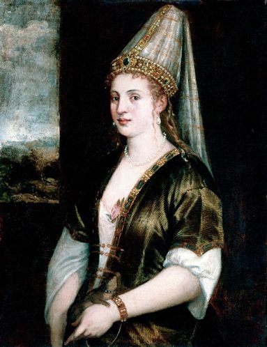 На картине Тициана "La Sultana Rossa", которую он создал при жизни султанши, Роксолана изображена светловолосой женщиной в зеленых одеждах с высокой короной.
