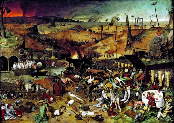 Картина нідерландського художника Пітера Брейгеля ”Тріумф смерті” написана 1562 року. На ній армія скелетів атакує людей. Долі лежать трупи, навколо панує хаос. В образі скелетів художник зобразив війни, епідемії, хвороби, від яких потерпало середньовічне суспільство