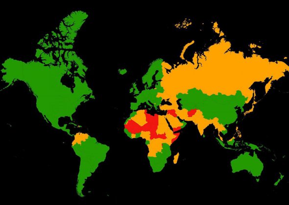 Мапа  продемонструвала, які країни небезпечні для туристів