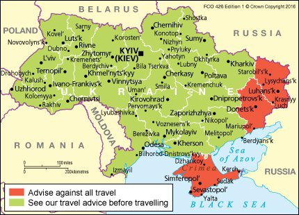Україна є загалом безпечною, за виключенням Донбасу та Криму. Київ є небезпечним для іноземців через протестні акції, вважають британці.  