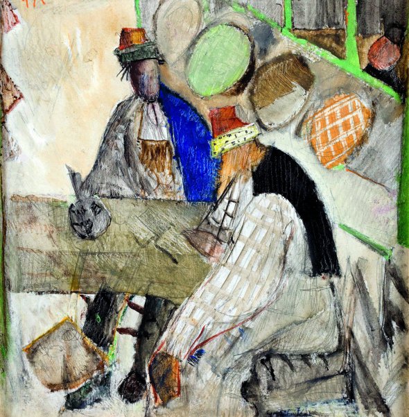 Картину ”Турки в кав’ярні” Олекса Грищенко написав 1920 року в техніці гуаш на картоні. Ця робота входить до циклу ”Константинополь блакитний і рожевий”