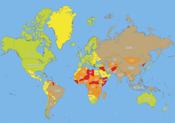 Самыми безопасными по уровню медицины являются страны Северной Америки, Европы, Южной Африки, а также Чили, Уругвай, Южная Корея, Новая Зеландия, Япония, Тайвань, Израиль, Катар, Арабские Эмираты и Австралия. В Украине уровень медицины является средним.