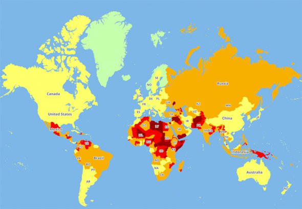 Серед країн, у яких найбільш незначний рівень небезпеки, є Гренландія, Ісландія, Норвегія, Фінляндія, Швеція, Данія та Словенія. Україна посідає середній рівень.