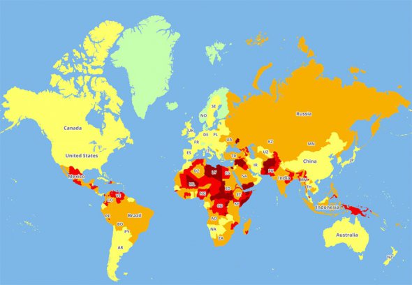 Среди стран, в которых наиболее незначительный уровень опасности,  Гренландия, Исландия, Норвегия, Финляндия, Швеция, Дания и Словения. Украина занимает средний уровень.