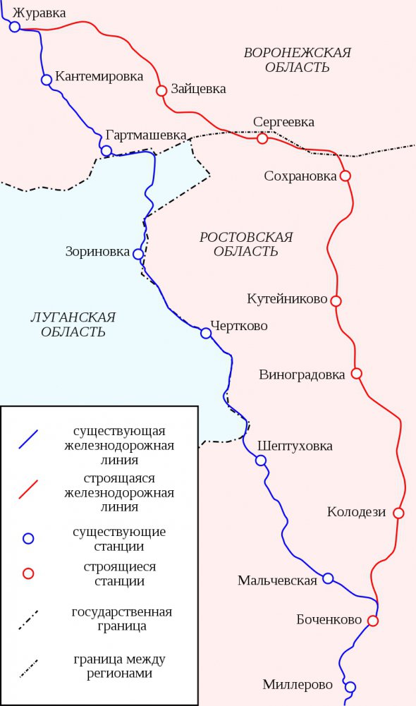 Синім позначений старший залізничний маршрут, червоним - нова гілка в обхід України