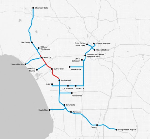 Мережа складатиметься з двох основних частин. Перша пройде з Міжнародного аеропорту Лонг-Біч (LGB) в Шерман-Окс, а друга з LAX до стадіону Доджер-Стедіум, проходячи при цьому через діловий район Лос-Анджелеса.