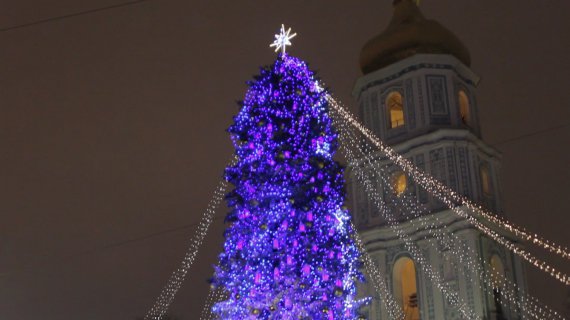 Елка на Софийской площади ежедневно менять цвет подсветки