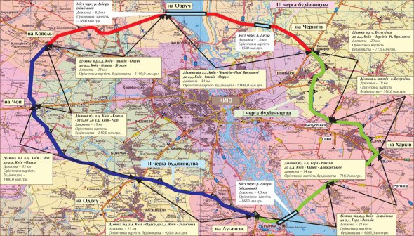 Кільцева дорога в 200 км проходитиме через міста Ворзель, Глеваху, Українку, Бориспіль, Бровари та Старі Петрівці