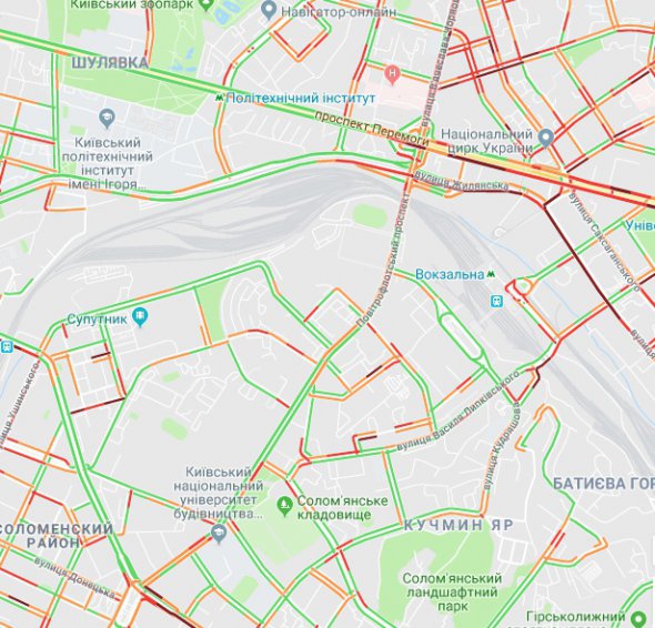 Карта заторів через нестандартну аварію під Повітрофлотським мостом