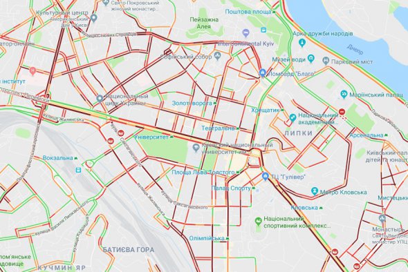 Карта заторів Києва у центрі
