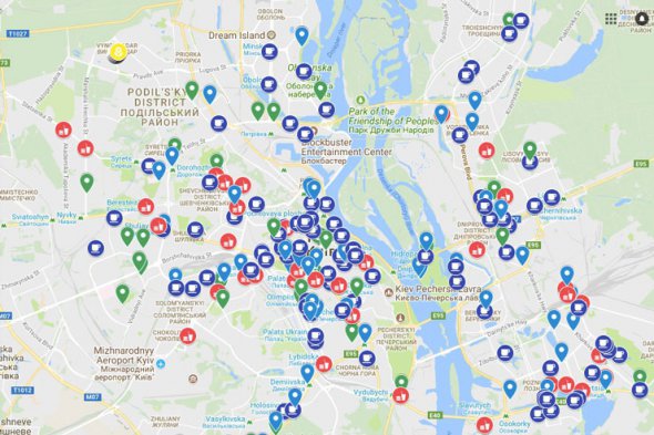 На карте обозначены мобильные точки по продаже уличной еды, кофе, фруктов и овощей