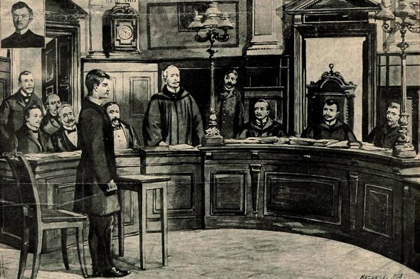 Мирослав Січинський перед судом, малюнок із краківського часопису Nowoѕ’ci Illustrowane від 4 липня 1908 року