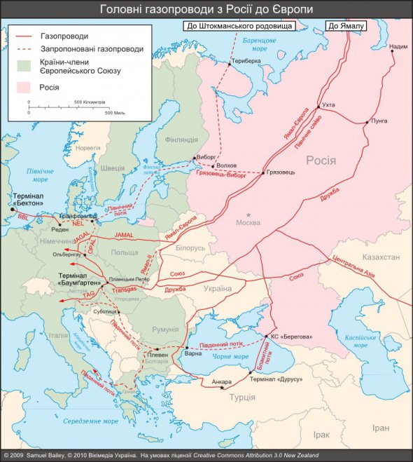 Основні і можливі газові магістралі в Східній Європі